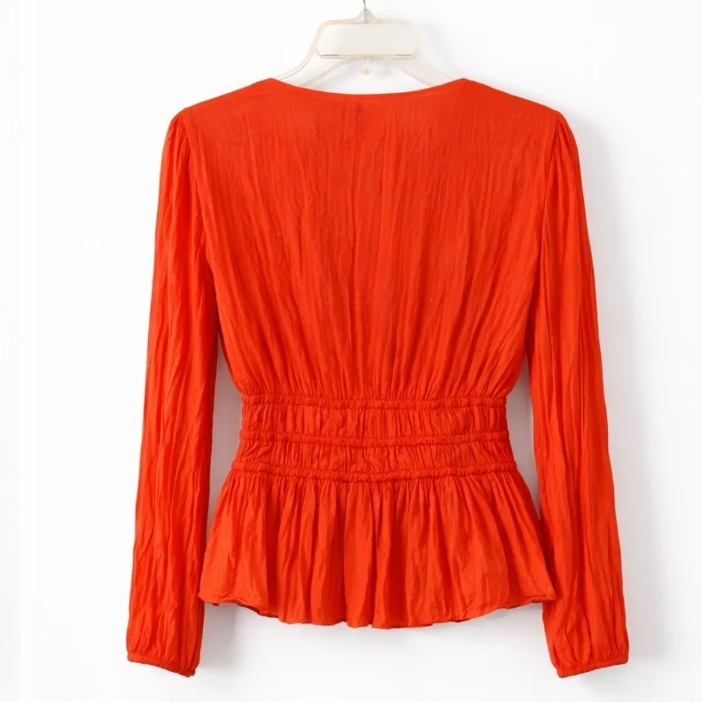 MAJE Peplum Blouse Smock Waist Tomato Red Long Sleeve 2 NWT - Picture 3 of 9